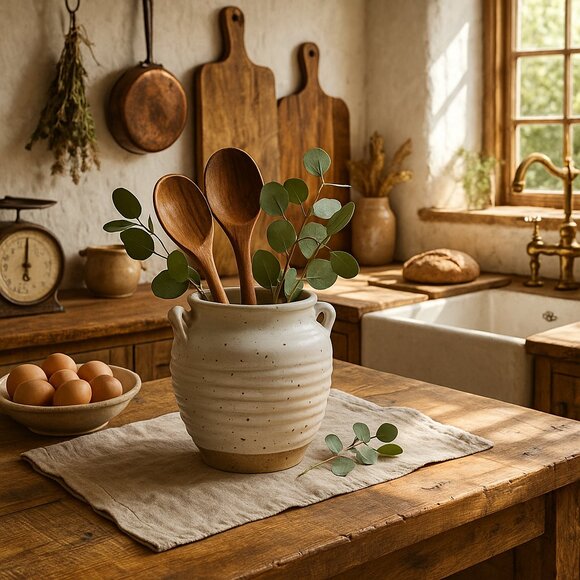 NWT Ivory Farmhouse Style Pottery Textured Rustic Planter Utensil Holder - Picture 5 of 10